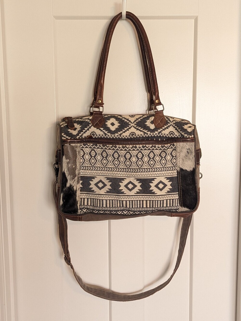 Myra Bag - Tasteful Laptop Bag - Canvas and Leather Aztec Print Messenger Bag